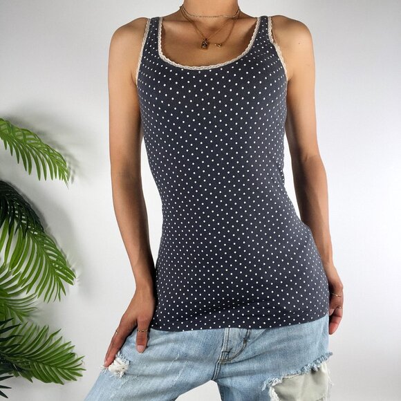 Vintage Y2K Gray Polka Dot Dark Coquette Twee Casual Fitted Tank Top / Small - Picture 4 of 6